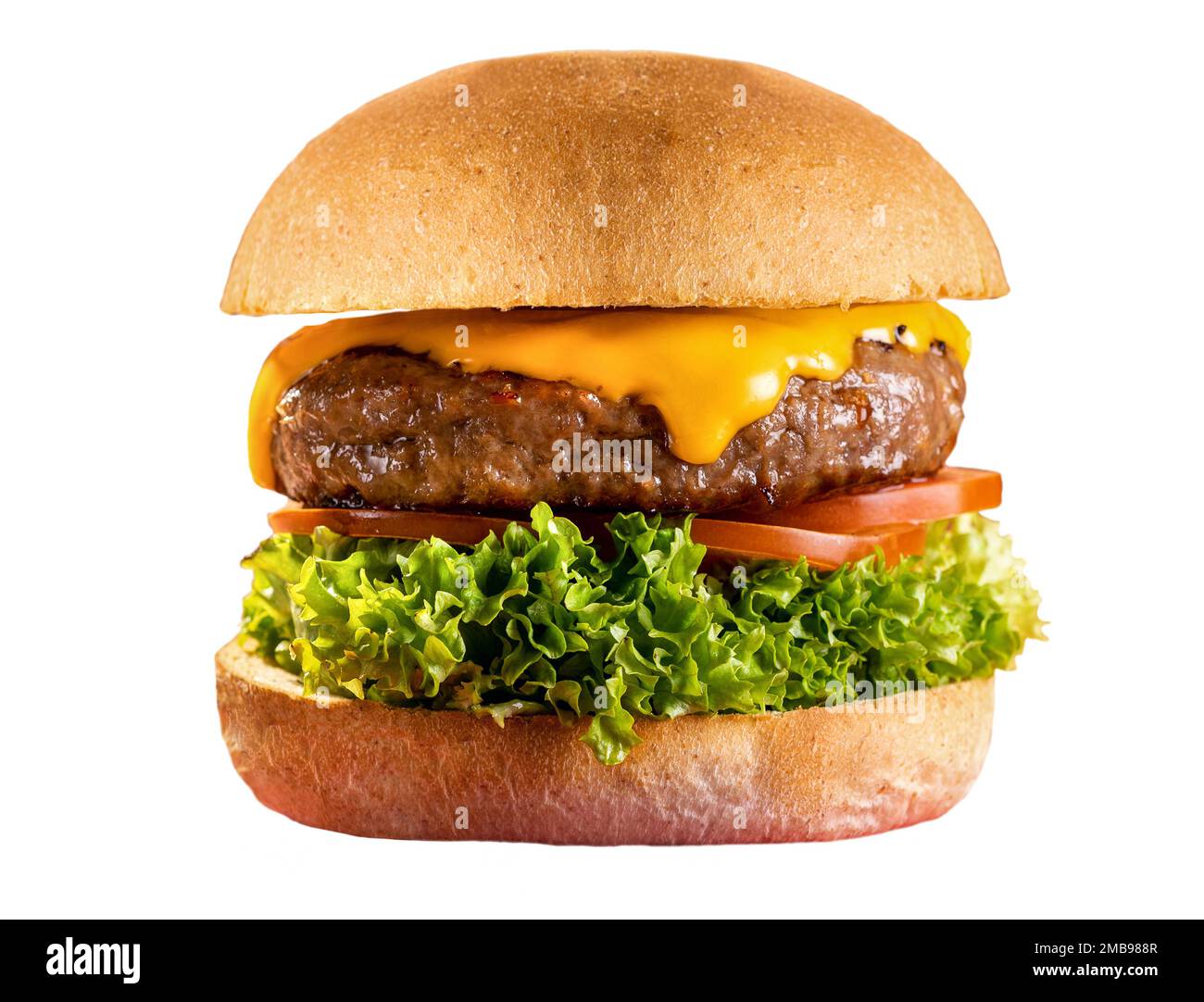 Köstlicher, saftiger, frischer Hamburger mit Patty-Gemüse und Käse auf weißem Hintergrund Stockfoto