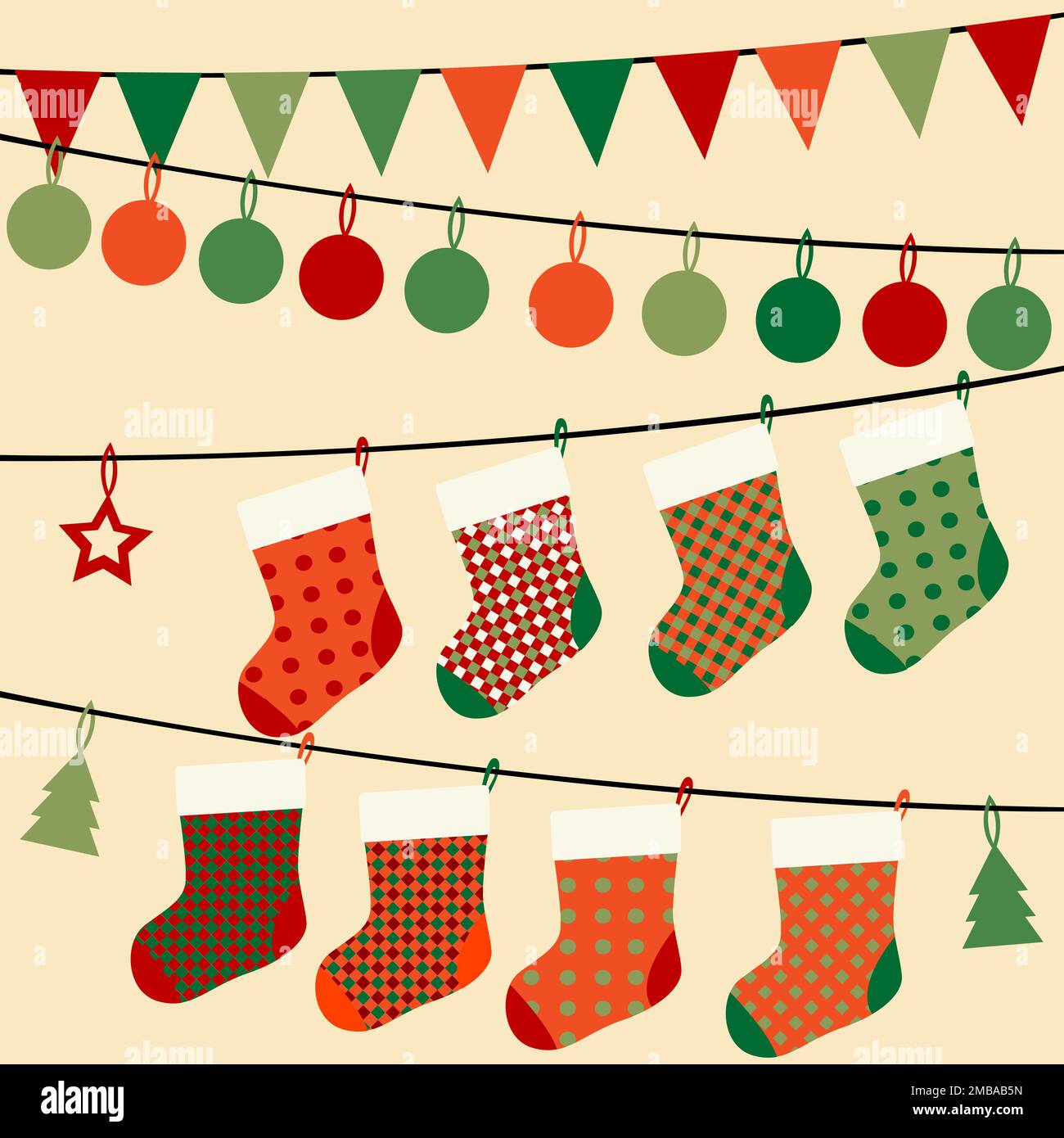 Weihnachtskarte mit Wimpel und Girlanden, Socken, Flaggen und Weihnachtsbällen zum Hängen Stock Vektor