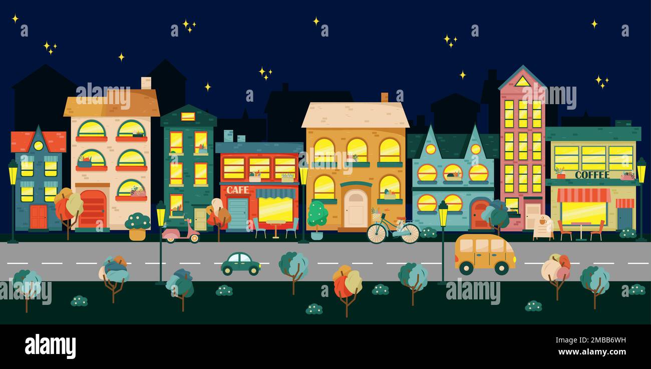 Illustration des Stadtlebens mit Hausfassaden, Straße und anderen urbanen Details. Panoramablick bei Nacht. Flacher Stil Stock Vektor