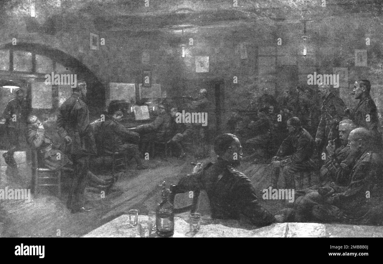 "L'Armee Britannique dans le Nord de la France; "Artists Gewehre" : Soiree au mess des officiers, 1916. Aus der „Collection de la Guerre IV L'Illustration Tome CXLVII. La Guerre Janvier, Fevrier, Mars, Avril, Mai, Juin 1916". Stockfoto