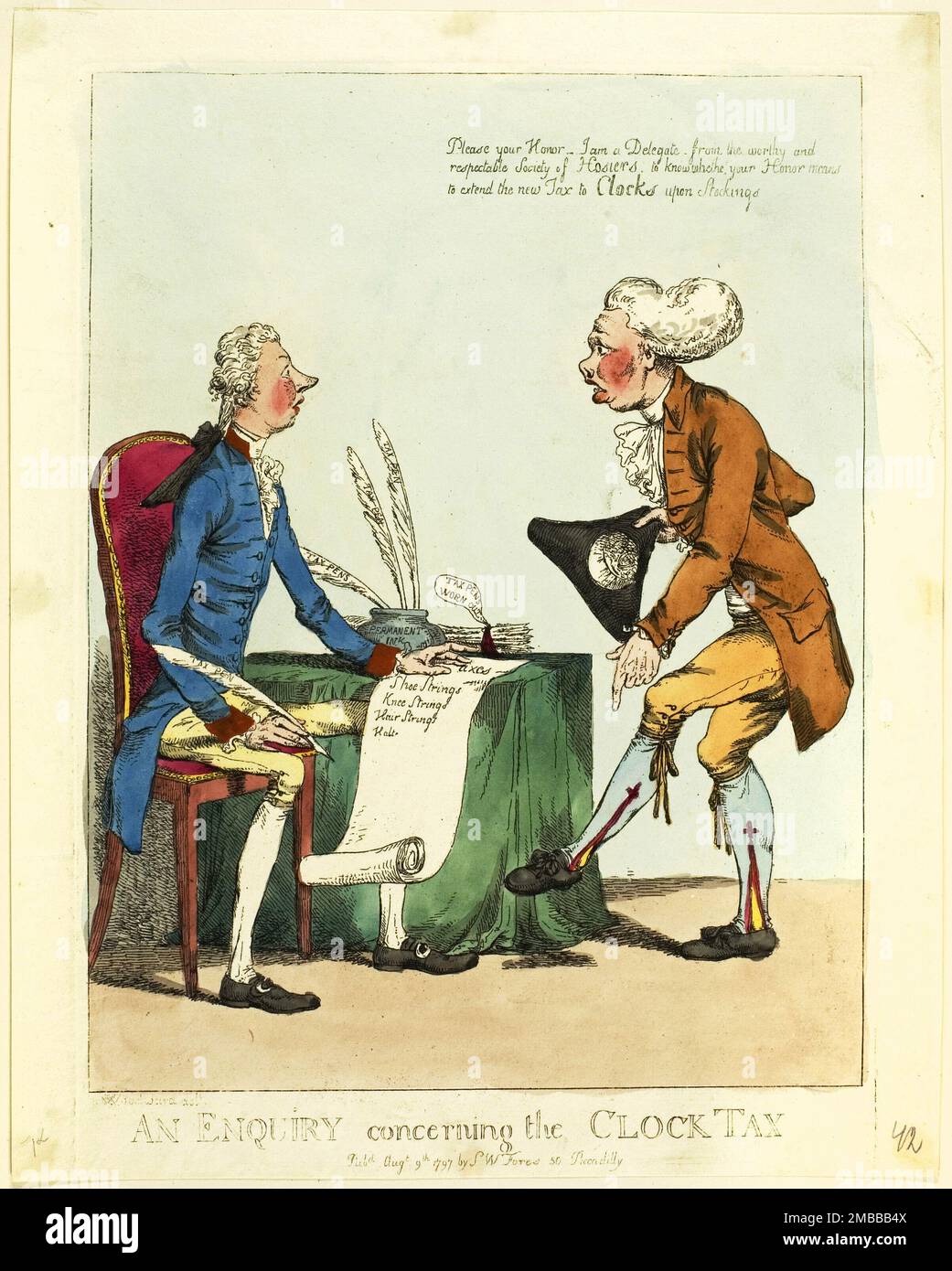 Eine Anfrage zur Uhrensteuer, 1797. Der britische Premierminister William Pitt schreibt mit einem "Steuerstift"; auf seiner Liste stehen "Schuhbänder, Kniestreifen, Haarbänder". Besucher: "Bitte, Euer Ehren - ich bin ein Delegierter der würdigen und respektablen Gesellschaft der Stachelschweine, um zu erfahren, ob Euer Ehren beabsichtigt, die neue Steuer auf Stempeluhren auszudehnen". Stockfoto