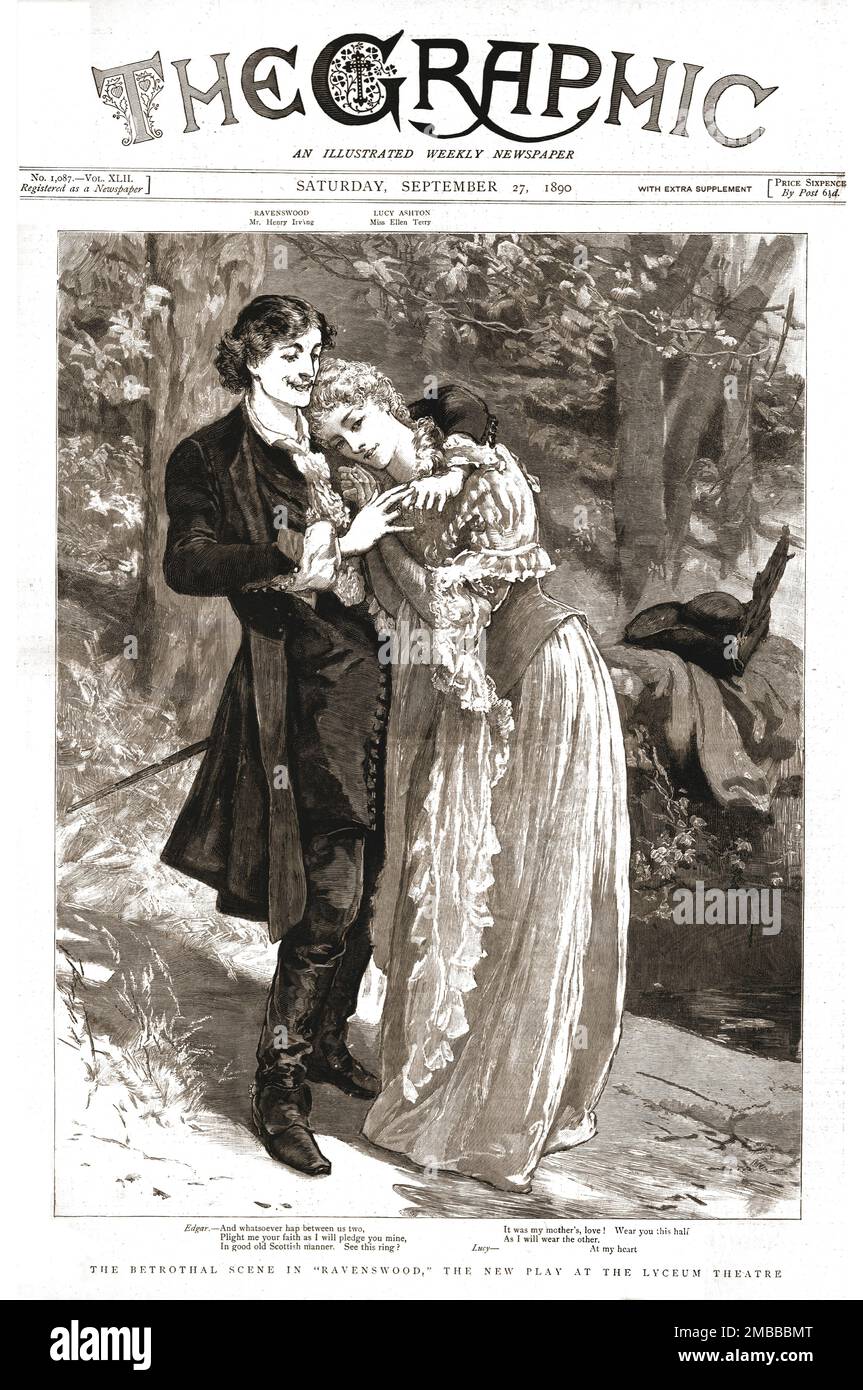 „The Graphic, Front Cover Saturday 27. September 1890“, 1890. Die Verlobungsszene in "Ravenswood", das neue Stück im Lyceum Theater. Aus „The Graphic. An Illustrated Weekly Newspaper“, Band 42. Juli bis Dezember 1890. Stockfoto