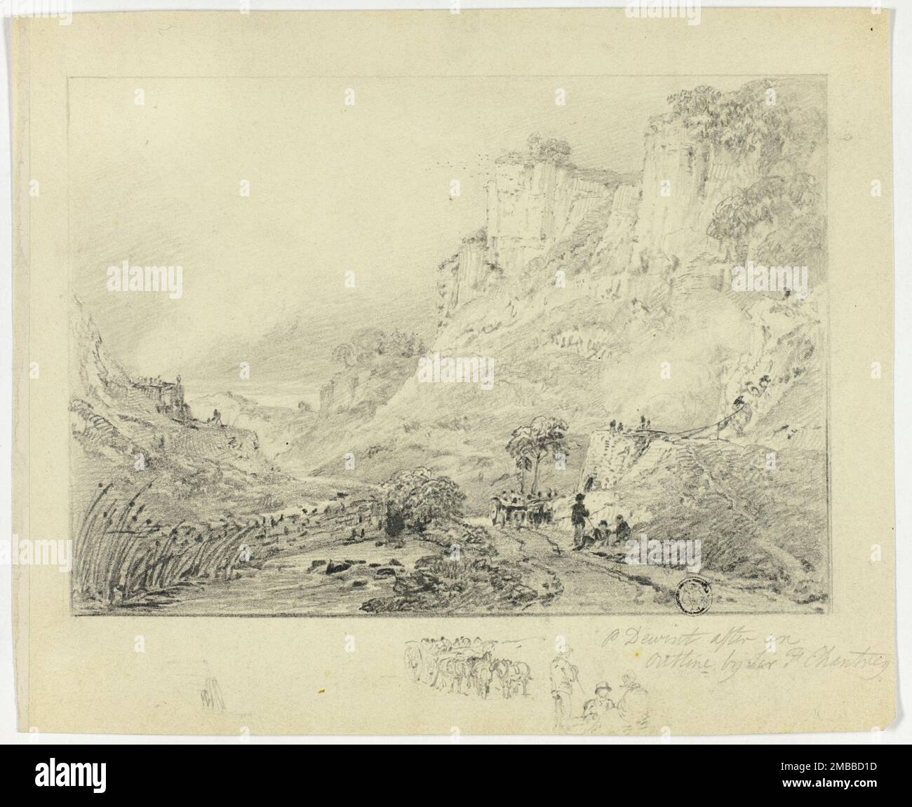 Figuren und Pferdewagen in Landscape with Cliffs, n.d. Von Peter De Wint oder nach Francis Legatt Chantrey. Stockfoto