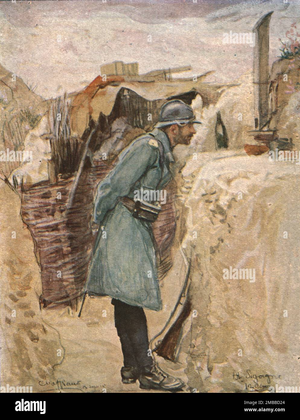 "Dans les tranchees; Le periscope (tranchee de la Carriere)", c1915. Aus der „Collection de la Guerre IV L'Illustration Tome CXLVII. La Guerre Janvier, Fevrier, Mars, Avril, Mai, Juin 1916". Stockfoto