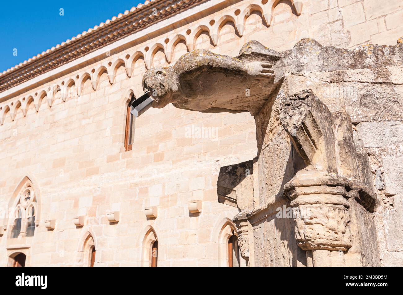Nahaufnahme eines Gargoyle, der königlichen Abtei Santa Maria de Poblet. Tarragona, Katalonien, Spanien Stockfoto