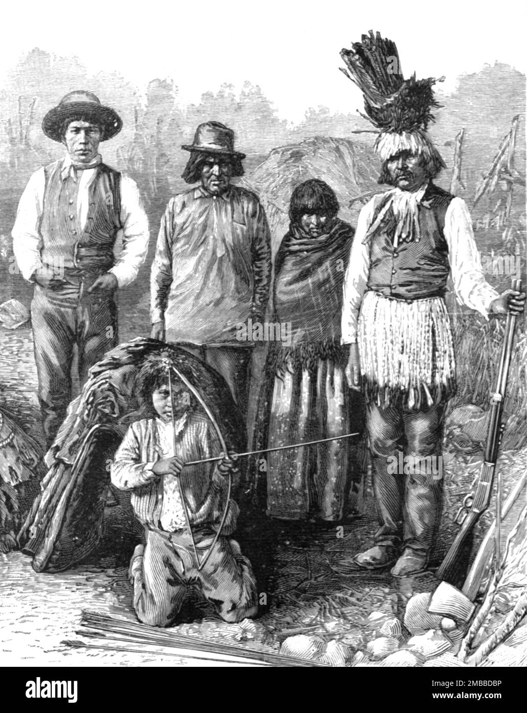 „The Threatened Rising of American Indians; Tom Hunter, Chief of the Saline Indians, and his Family“, 1890. Aus „The Graphic. An Illustrated Weekly Newspaper“, Band 42. Juli bis Dezember 1890. Stockfoto