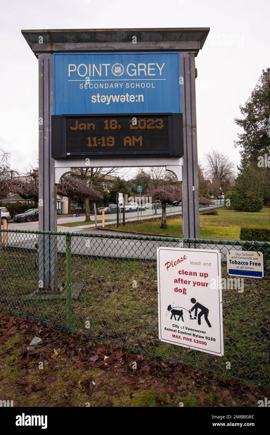 Point Grey Secondary School-Schild in Vancouver, British Columbia, Kanada Stockfoto