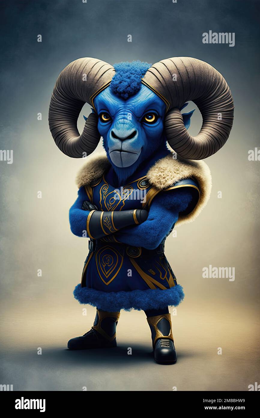 Er heißt Rampage, Maskottchen der Los Angeles Rams, einer professionellen American Football-Mannschaft. Rampage ist ein großer, anthropomorpher Bock mit einem Blau und einem Ye Stockfoto