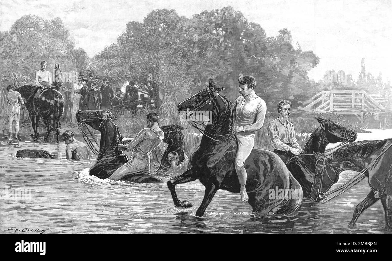 'Die Kavallerie Manoevres in Berkshire - Offiziere der Horse Guards und der Rettungsschwimmer schwimmen ihre Pferde über die Themse', 1890. Aus „The Graphic. An Illustrated Weekly Newspaper“, Band 42. Juli bis Dezember 1890. Stockfoto