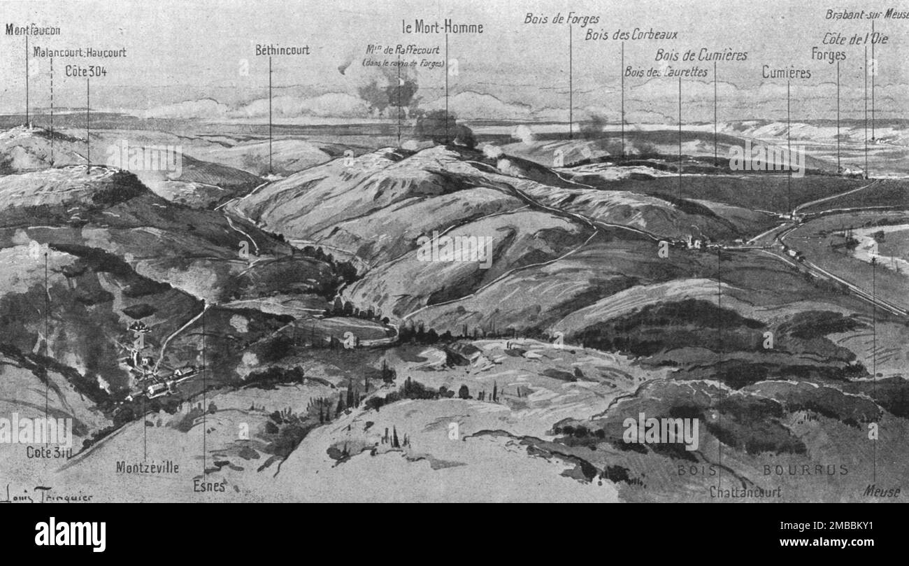 Le Mort-Homme ( 9 avril 1916); et le panarama qui s'etend de Montfaucon a la rive Gauche de la Meuse. A noter que le panarama est dessine ici a vol d'oiseau ou d'Airoplane, tandis que l'auteur du recit l'observait d'une hauteur situee au Sud de la ligne de bataille', 1916. Aus der „Collection de la Guerre IV L'Illustration Tome CXLVII. La Guerre Janvier, Fevrier, Mars, Avril, Mai, Juin 1916". Stockfoto