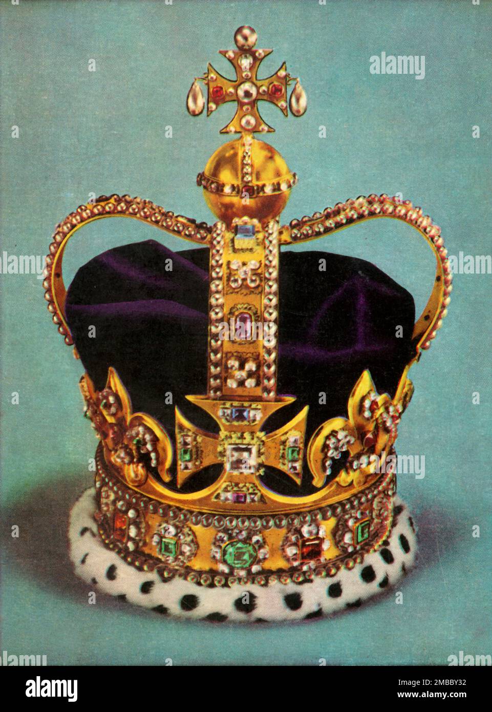 „St. Edwards Krone, 1962. Die offizielle Krönungskrone britischer Monarchen und ein Teil der Kronjuwelen. Es wurde für Karl II. Gemacht, nachdem Oliver Cromwell die Krone während des Bürgerkriegs zerstört hatte. Sein Design soll eine Kopie der Krone von Edward dem Konfessor sein. Das Stück (1661) ist Teil der königlichen Sammlung im Tower of London. Von "The Crown Jewels in the Tower of London", von Martin Holmes, F. [Her Majesty's Stationery, London, 1962] Stockfoto