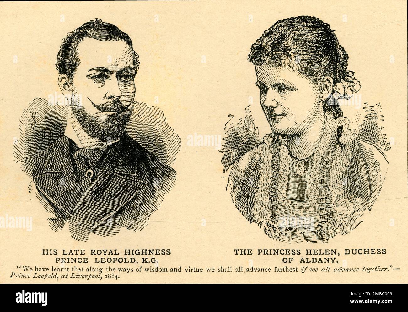 "Seine verstorbene Königliche Hoheit Prinz Leopold, K.G. und Prinzessin Helen, Herzogin von Albany", 1880er, (c1897). Königin Victorias Sohn Prinz Leopold, Herzog von Albany, und seine Frau Prinzessin Helen von Waldeck und Pyrmont. Leopold, der an Hämophilie litt, starb im Alter von 30 Jahren, nachdem er sich den Kopf gestoßen hatte, anscheinend an einer Hirnblutung. Gravuren nach Fotografien. Aus "die Entschlossenheit der Königin und ihre zweifache königliche Herrschaft von 60 Jahren" von Charles Bullock, B.D. [„Home Words“ Publishing Office, London, ] Stockfoto