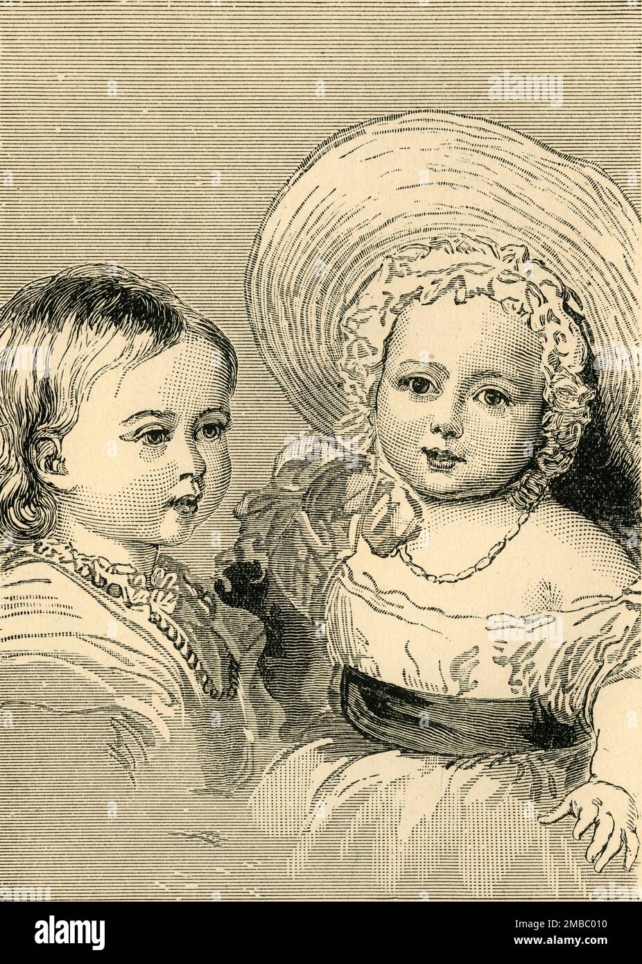 "Prinzessin Royal, 17 Monate alt, und Prinz von Wales, 5 Monate alt", c1841, (c1897). Zwei von Königin Victorias Kindern: Victoria Princess Royal und ihr jüngerer Bruder, der zukünftige König Edward VII Aus "die Entschlossenheit der Königin und ihre zweifache königliche Herrschaft von 60 Jahren" von Charles Bullock, B.D. [„Home Words“ Publishing Office, London, ] Stockfoto