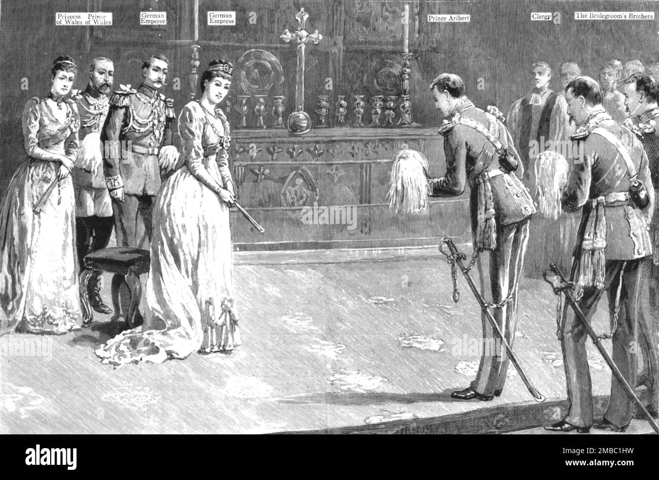 "Die Hochzeit von Prinzessin Louise von Schleswig-Holstein und Prinz Aribert von Anhalt in St. Georges Chapel, Windsor, am 6. Juli 1891. Die Bräutigame kommen am Altar an. 1891. Aus „The Graphic. An Illustrated Weekly Newspaper“, Band 44. Juli bis Dezember 1891. Stockfoto