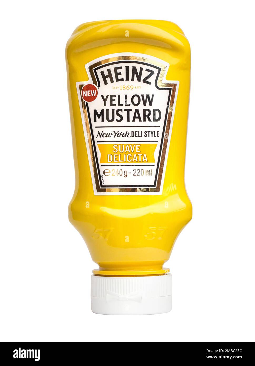 Mallorca, Spanien - April 30,2016: Heinz-gelber Senf in verformbarer Plastikflasche isoliert auf weißem Hintergrund Stockfoto