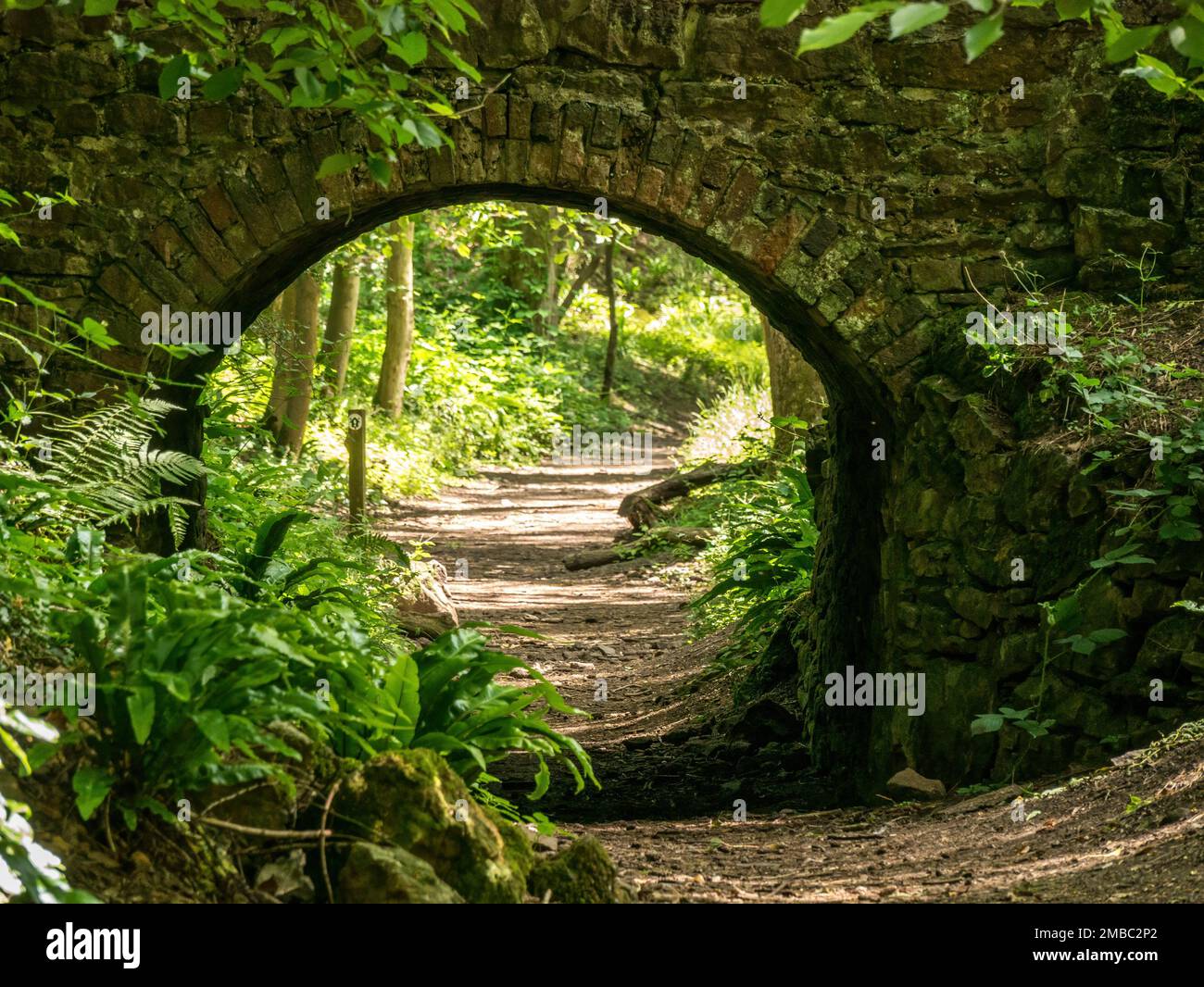 Kleine Brücke aus Stein und Ziegelstein mit einem Bogen über die alte Strecke in Ticknall Limeyards, Derbyshire, England, Großbritannien. Stockfoto