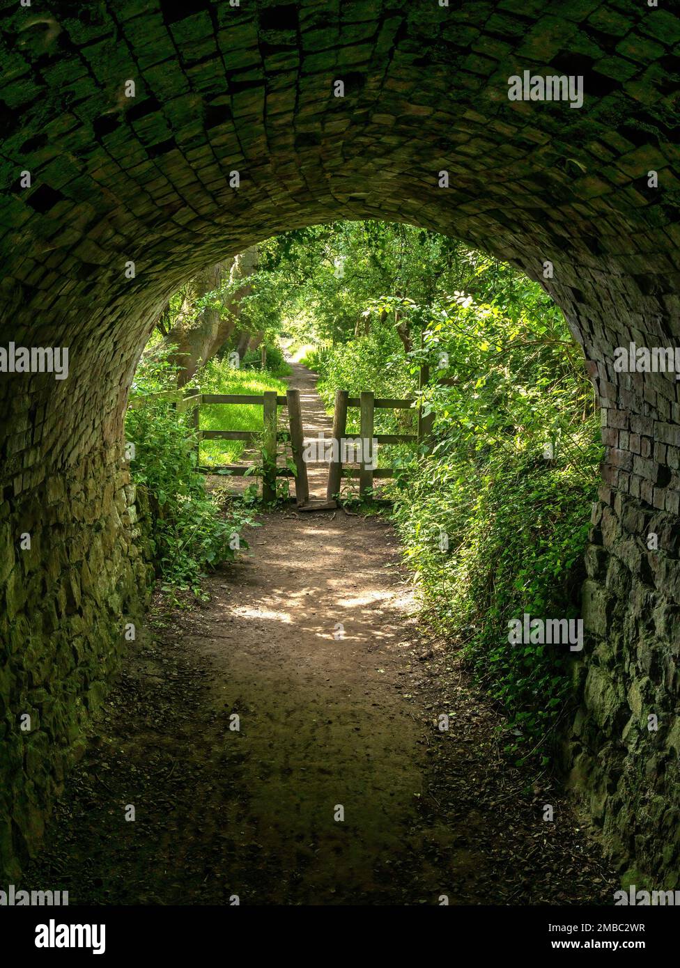 Verlassen Sie die Straßenbahnhaltestelle, den steingesäumten Tunnel, Fußweg und Radweg, Ticknall Limeyards, Derbyshire, England, Großbritannien Stockfoto