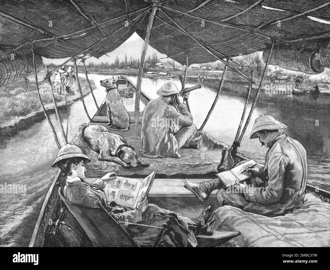 „Hausboot-Leben in Kaschmir; auf dem Weg nach Sumbul auf dem Thelum River“, 1891. Aus „The Graphic. An Illustrated Weekly Newspaper“, Band 44. Juli bis Dezember 1891. Stockfoto