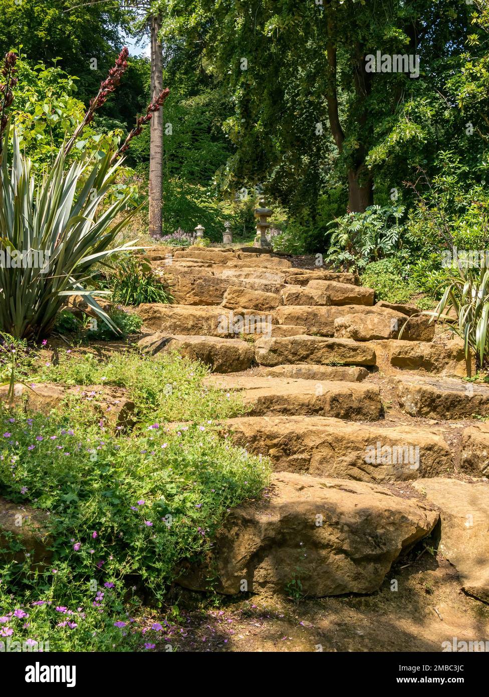 Treppenstufen mit rustikalem Steingarten, Belvoir Castle Gardens, Leicestershire, England, Großbritannien Stockfoto