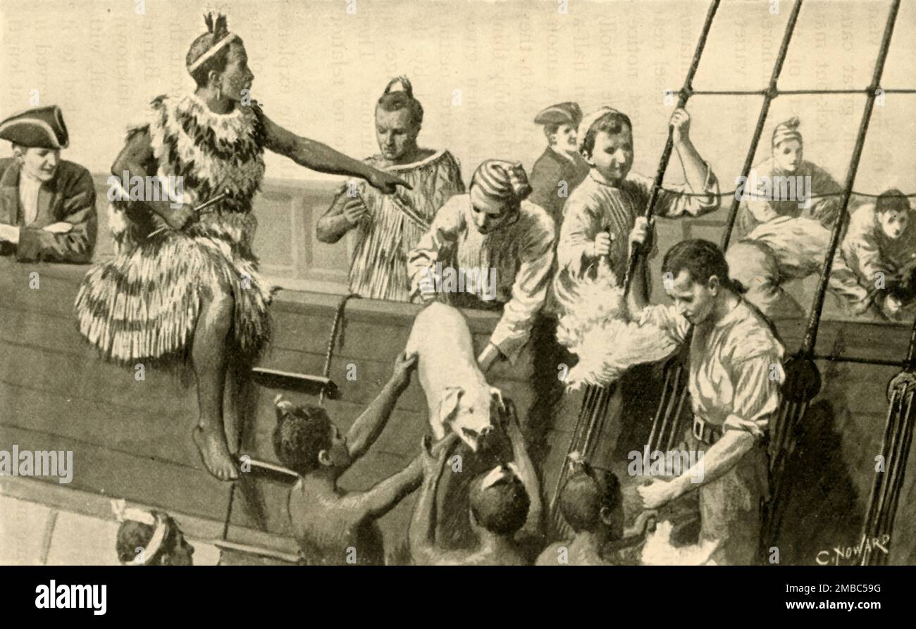 "Captain Cook präsentiert Schweine und Hühner den Maoris", (1902). 1770er: Englische Matrosen kommen in etwas, das später Neuseeland wurde. Aus "König Edwards Reich; Geschichte der Entstehung des Reiches", von Rev. C. S. Dawe, B.A. [The Educational Supply Association, Limited, Holborn Viaduct, London, 1902] Stockfoto