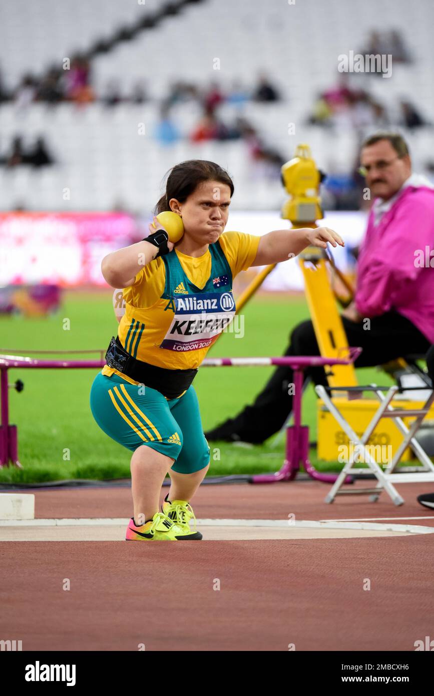 Claire Keefer nimmt an der World para Athletics Championships 2017 im Olympiastadion Teil. Frauenfoto hat F41 für Athleten von kleinwüchsigem Format Stockfoto