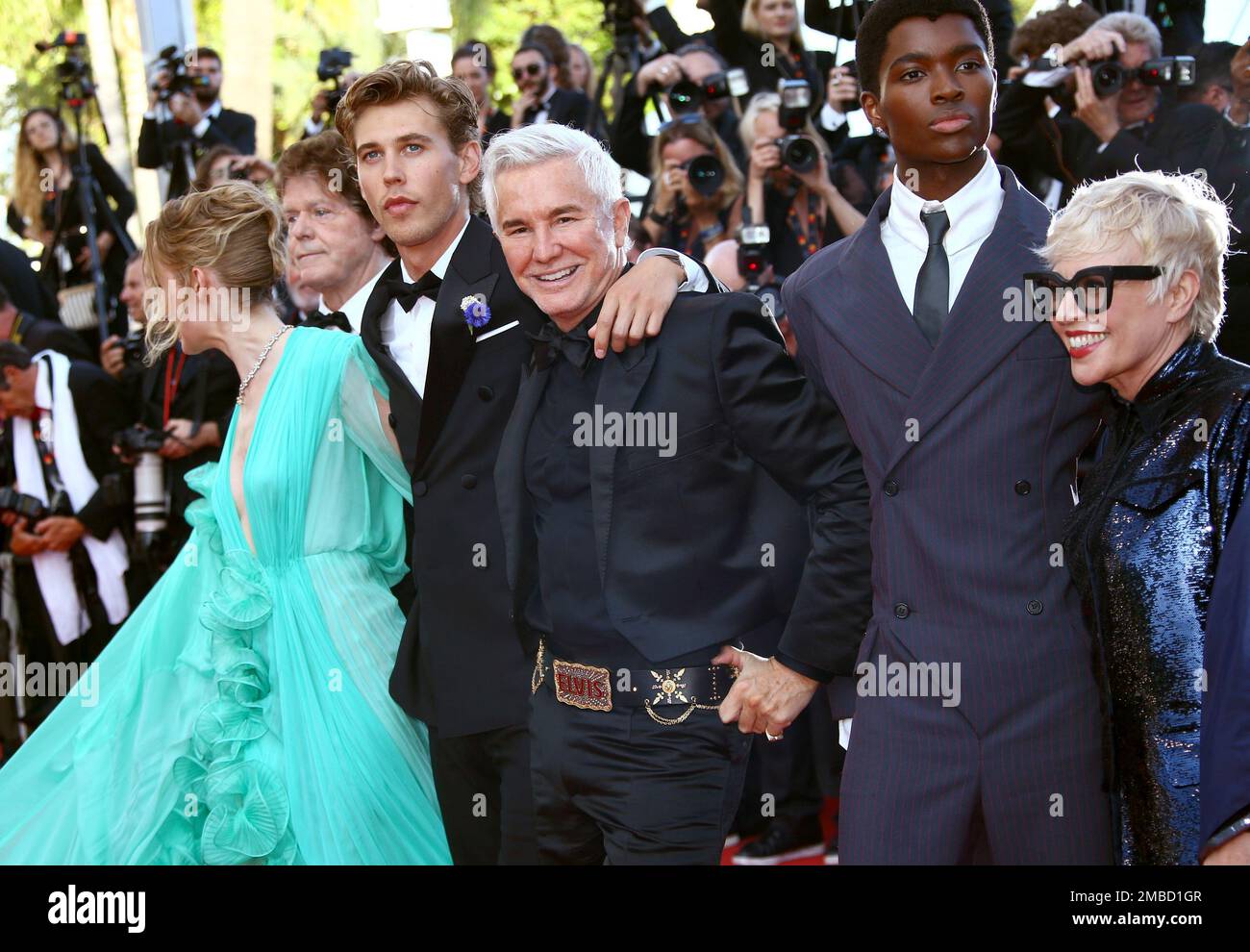 Olivia DeJonge, from left, Jerry Schilling, Austin Butler, director Baz ...