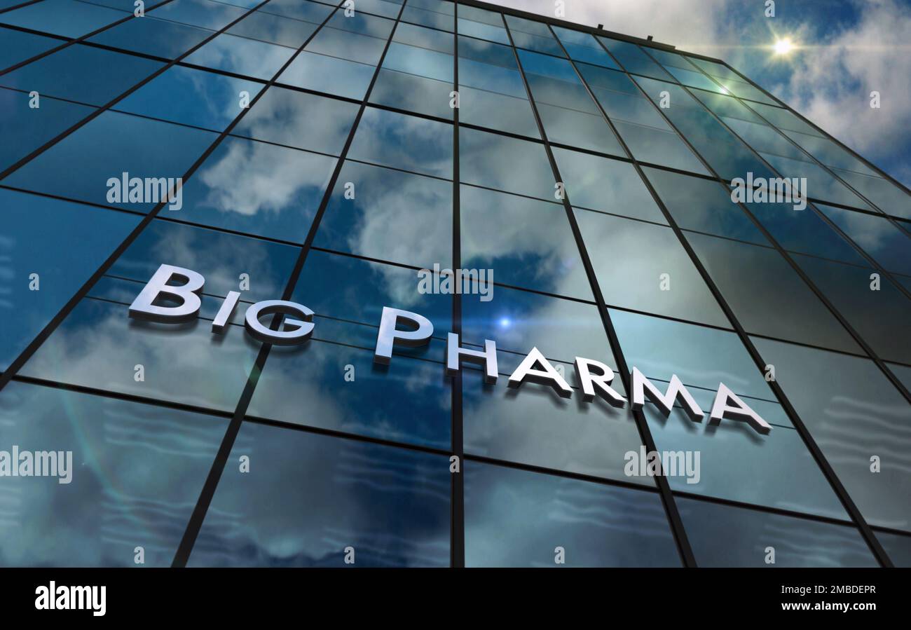 Großes Pharma-Glasbaukonzept. Symbol für pharmazeutische Medizinindustrie und Gesundheitsunternehmen auf der Frontfassade 3D-Abbildung. Stockfoto