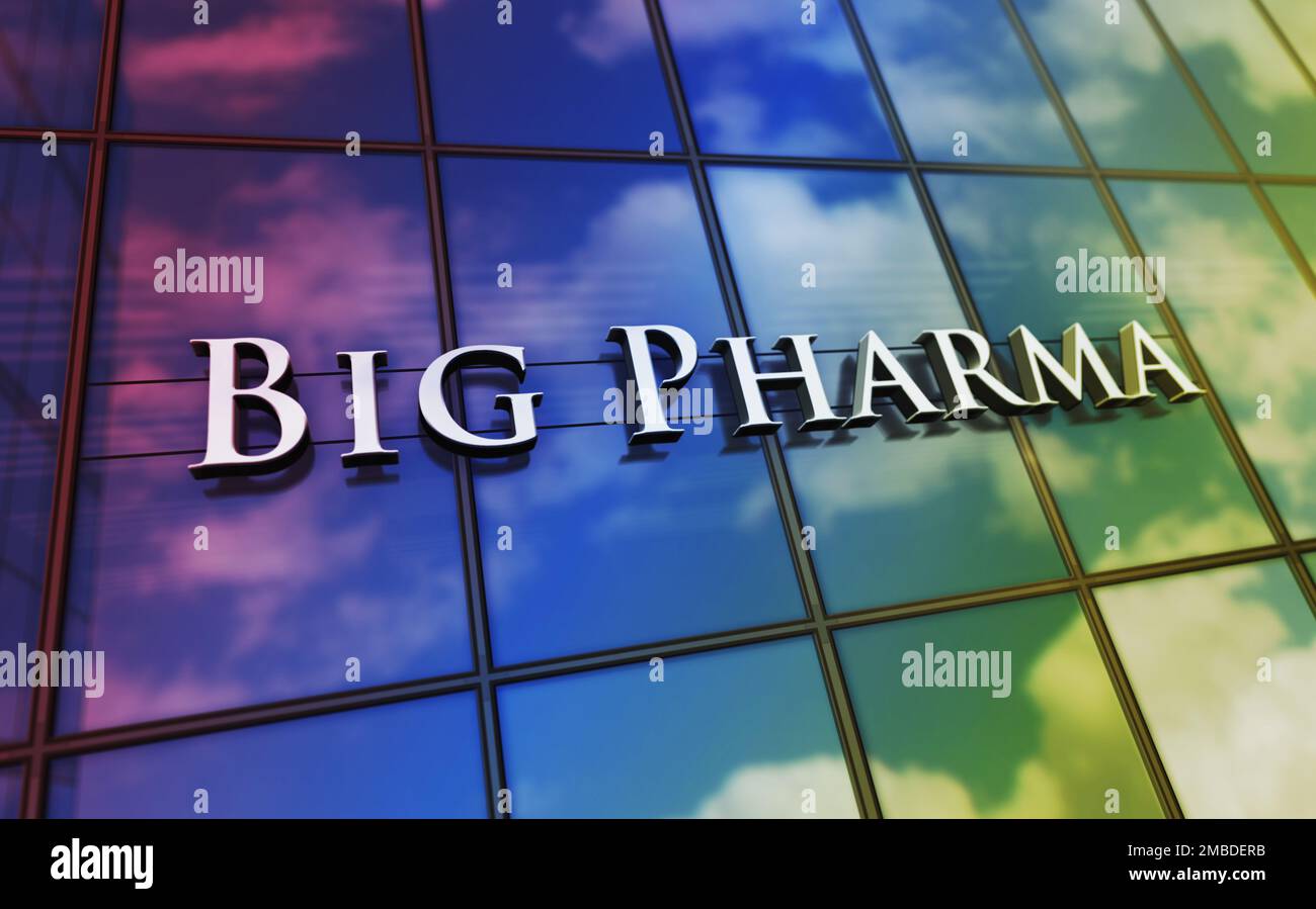 Großes Pharma-Glasbaukonzept. Symbol für pharmazeutische Medizinindustrie und Gesundheitsunternehmen auf der Frontfassade 3D-Abbildung. Stockfoto