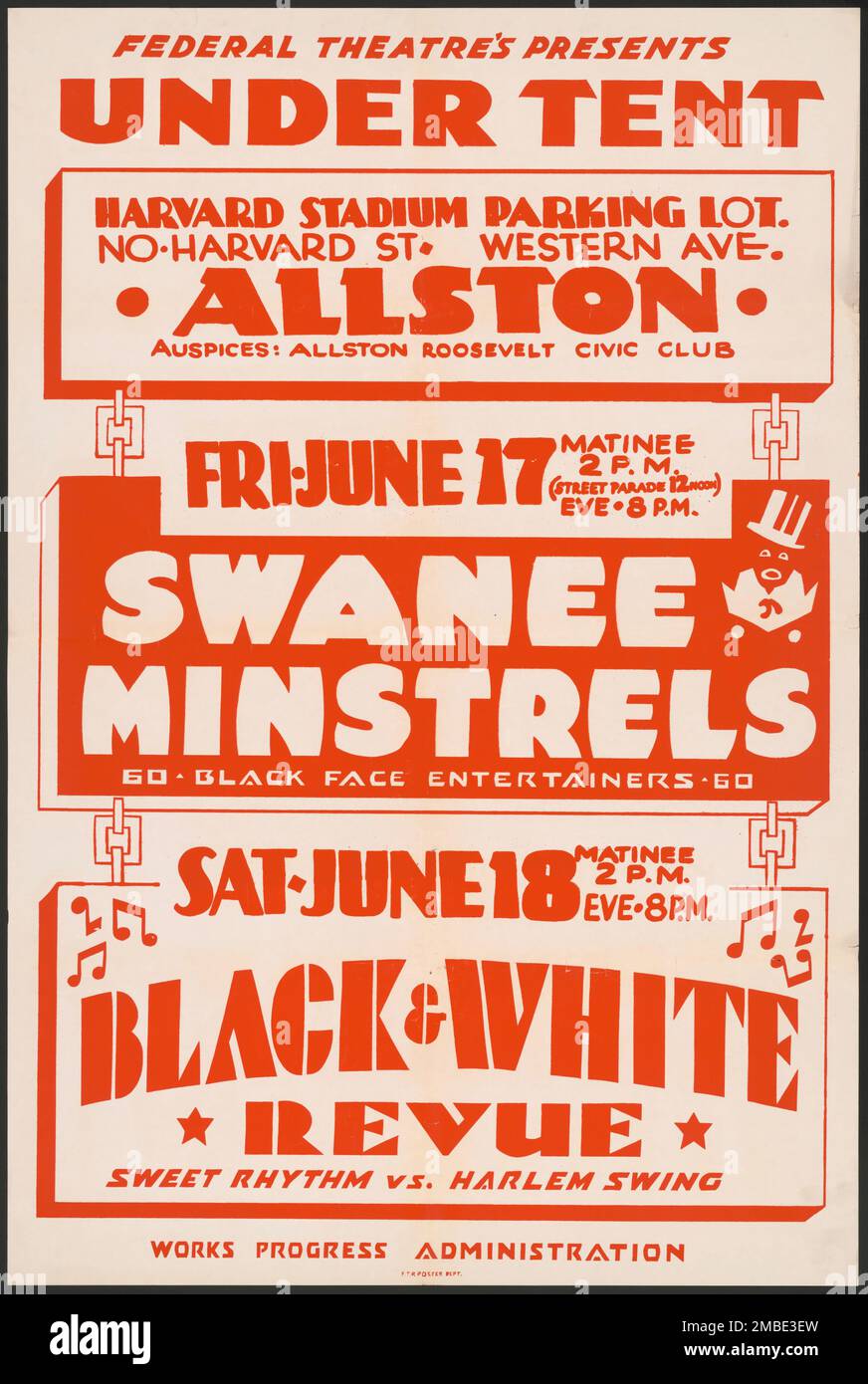 Swanee Minstrels, [193-]. „Federal Theatre Presents - Under Tent...Schirmherrschaft: Allston Roosevelt Civic Club...60 Black Face Entertainer...Black &amp; White Revue - Sweet Rhythm vs. Harlem Swing“. Das Federal Theatre Project, das von den USA ins Leben gerufen wurde Works Progress Administration im Jahr 1935 wurde entwickelt, um die Fähigkeiten von Theaterarbeitern zu erhalten und weiterzuentwickeln, sie mit öffentlicher Unterstützung wieder zu beschäftigen und um das Theater Tausenden in den Vereinigten Staaten zu bringen, die noch nie zuvor Live-Theateraufführungen gesehen hatten. Einige der Produktionen waren Minstrel-Shows, beleidigende Musical-Stücke mit weißen Künstlern in Bl Stockfoto