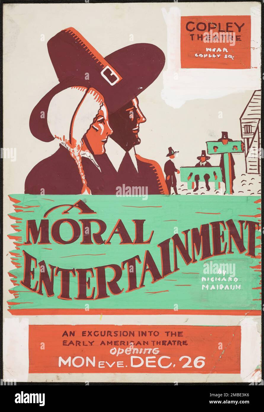 A Moral Entertainment, Boston, 1938. "Copley Theatre..."A Moral Entertainment" von Richard Maibaum - ein Ausflug ins frühe amerikanische Theater". Das Federal Theatre Project, das von den USA ins Leben gerufen wurde Works Progress Administration im Jahr 1935 wurde entwickelt, um die Fähigkeiten von Theaterarbeitern zu erhalten und weiterzuentwickeln, sie mit öffentlicher Unterstützung wieder zu beschäftigen und um das Theater Tausenden in den Vereinigten Staaten zu bringen, die noch nie zuvor Live-Theateraufführungen gesehen hatten. Stockfoto