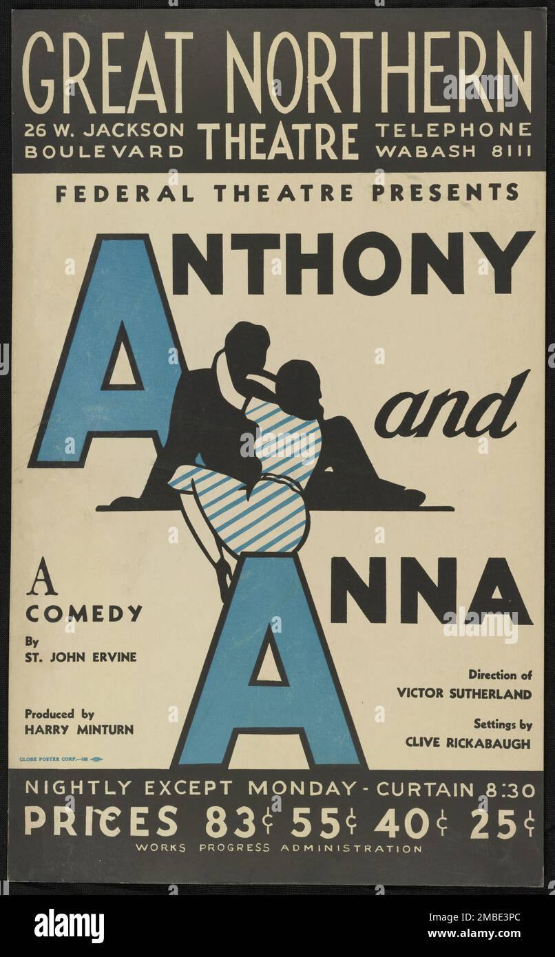 Anthony und Anna, Chicago, 1938. 'Great Northern Theatre...Anthony and Anna - A Comedy by St. John Ervine - produziert von Harry Minturn - Direction of Victor Sutherland - Settings von Clive Rickabaugh". Das Federal Theatre Project, das von den USA ins Leben gerufen wurde Works Progress Administration im Jahr 1935 wurde entwickelt, um die Fähigkeiten von Theaterarbeitern zu erhalten und weiterzuentwickeln, sie mit öffentlicher Unterstützung wieder zu beschäftigen und um das Theater Tausenden in den Vereinigten Staaten zu bringen, die noch nie zuvor Live-Theateraufführungen gesehen hatten. Stockfoto