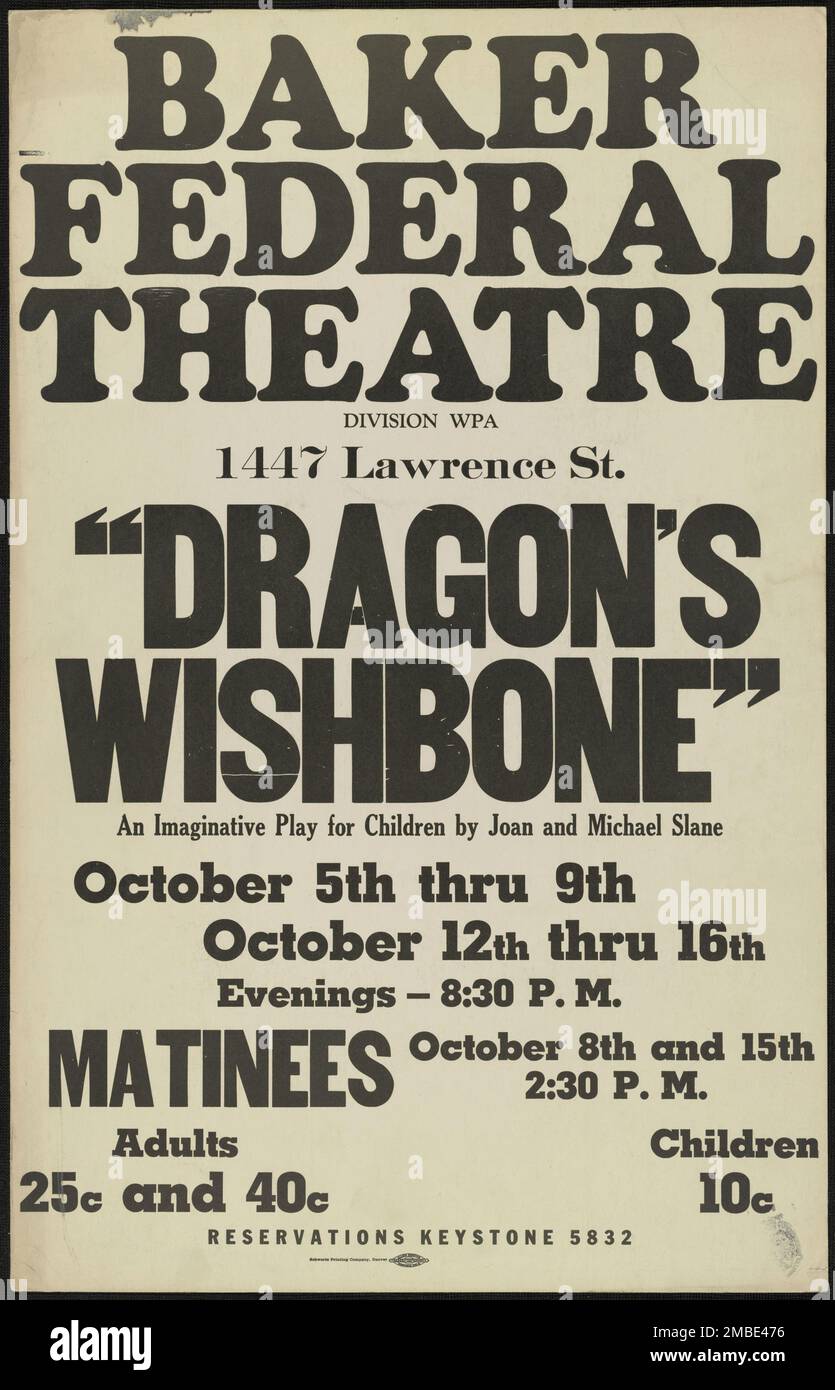 Drachenknochen, Denver, 1938. Baker Federal Theatre... "Dragon's Wishbone" - ein fantasievolles Kinderspiel von Joan und Michael Slane. Das Federal Theatre Project, das von den USA ins Leben gerufen wurde Works Progress Administration im Jahr 1935 wurde entwickelt, um die Fähigkeiten von Theaterarbeitern zu erhalten und weiterzuentwickeln, sie mit öffentlicher Unterstützung wieder zu beschäftigen und um das Theater Tausenden in den Vereinigten Staaten zu bringen, die noch nie zuvor Live-Theateraufführungen gesehen hatten. Stockfoto