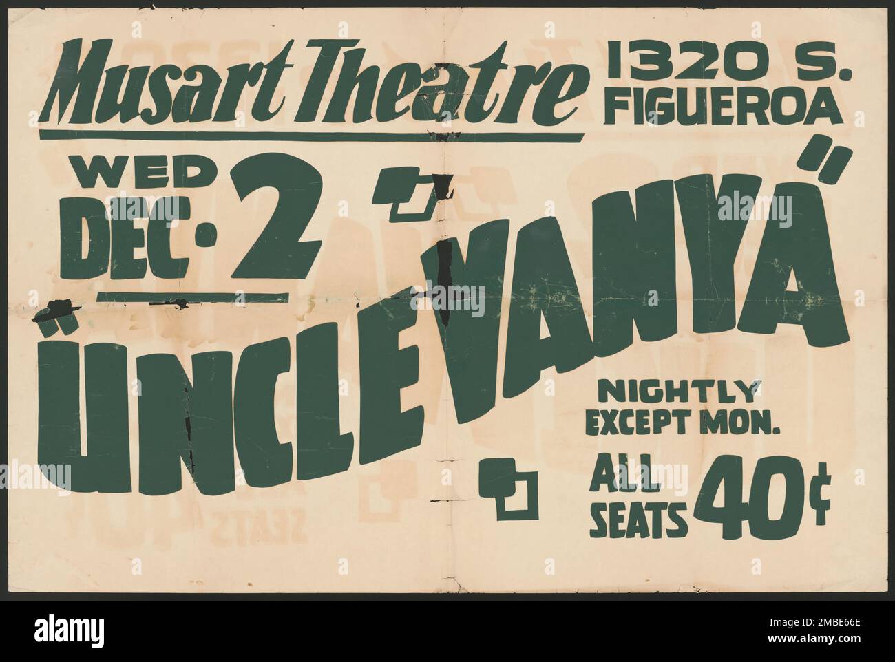Onkel Vanya, Los Angeles, [193-]. 'Musart Theatre - 'Onkel Vanya' - jeden Abend außer Mo[Tag] - Alle Plätze 40 c[ent]'. US-Produktion eines Stücks von Anton Tschechow. Das Federal Theatre Project, das von den USA ins Leben gerufen wurde Works Progress Administration im Jahr 1935 wurde entwickelt, um die Fähigkeiten von Theaterarbeitern zu erhalten und weiterzuentwickeln, sie mit öffentlicher Unterstützung wieder zu beschäftigen und um das Theater Tausenden in den Vereinigten Staaten zu bringen, die noch nie zuvor Live-Theateraufführungen gesehen hatten. Stockfoto