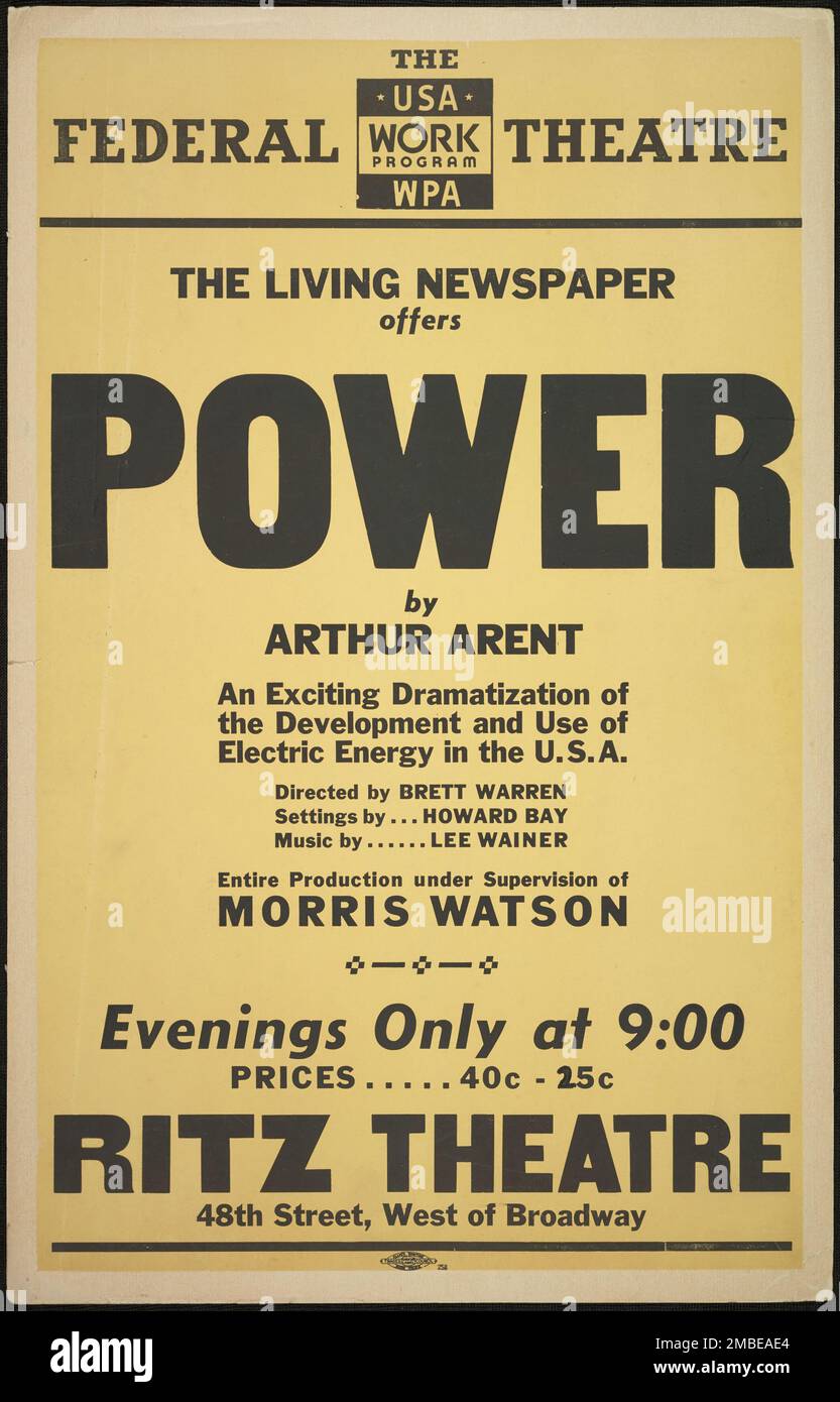 Power, New York, 1937. Das Federal Theatre Project, das von den USA ins Leben gerufen wurde Works Progress Administration im Jahr 1935 wurde entwickelt, um die Fähigkeiten von Theaterarbeitern zu erhalten und weiterzuentwickeln, sie mit öffentlicher Unterstützung wieder zu beschäftigen und um das Theater Tausenden in den Vereinigten Staaten zu bringen, die noch nie zuvor Live-Theateraufführungen gesehen hatten. Stockfoto