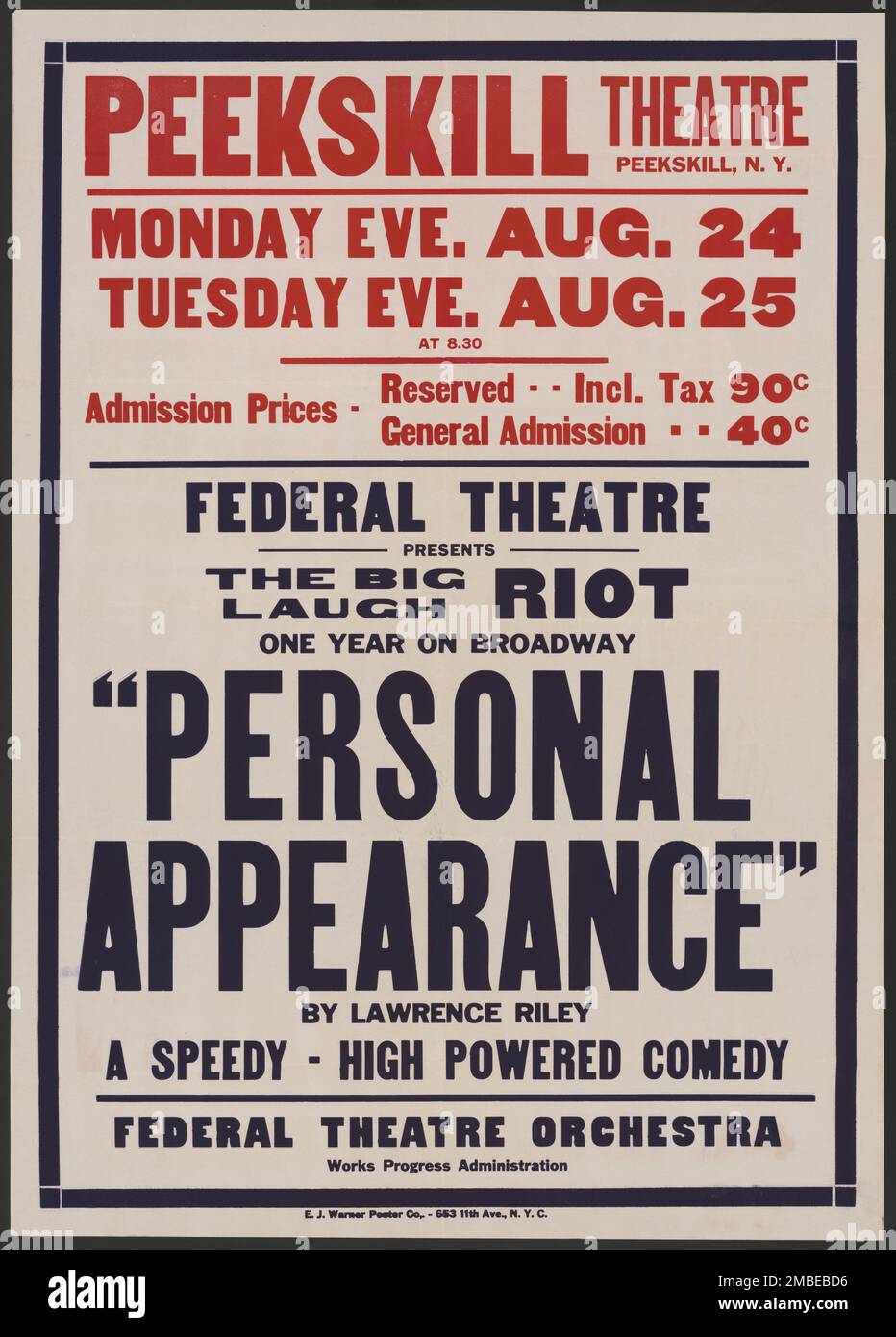 Persönliches Erscheinungsbild 2, Peekskill, NY, [1930er]. Das Federal Theatre Project, das von den USA ins Leben gerufen wurde Works Progress Administration im Jahr 1935 wurde entwickelt, um die Fähigkeiten von Theaterarbeitern zu erhalten und weiterzuentwickeln, sie mit öffentlicher Unterstützung wieder zu beschäftigen und um das Theater Tausenden in den Vereinigten Staaten zu bringen, die noch nie zuvor Live-Theateraufführungen gesehen hatten. Stockfoto