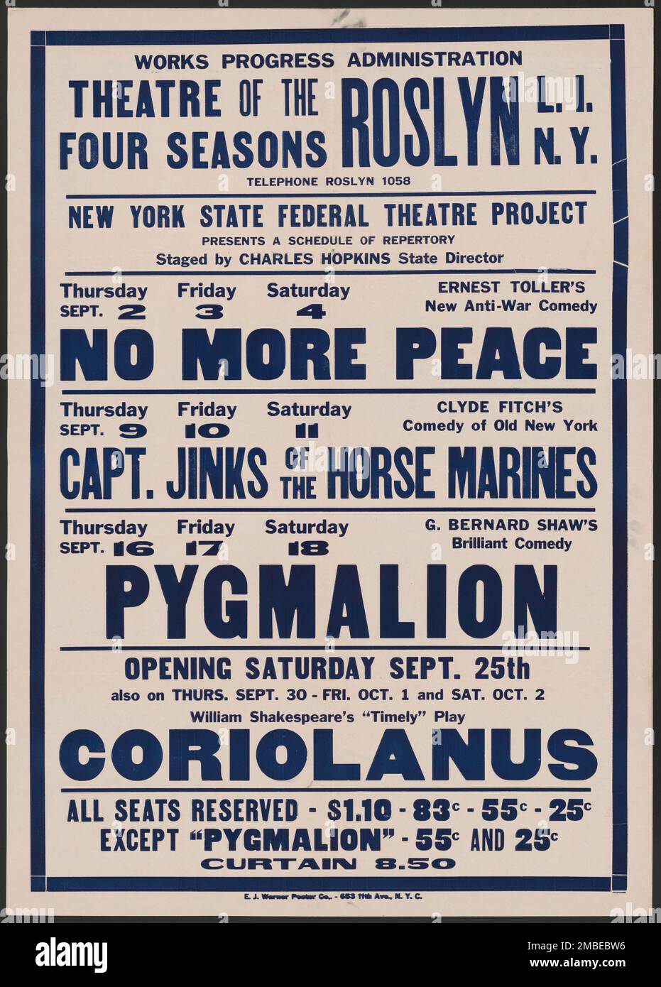 Kein Frieden 2, Roslyn, NY, 1937. Das Federal Theatre Project, das von den USA ins Leben gerufen wurde Works Progress Administration im Jahr 1935 wurde entwickelt, um die Fähigkeiten von Theaterarbeitern zu erhalten und weiterzuentwickeln, sie mit öffentlicher Unterstützung wieder zu beschäftigen und um das Theater Tausenden in den Vereinigten Staaten zu bringen, die noch nie zuvor Live-Theateraufführungen gesehen hatten. Stockfoto