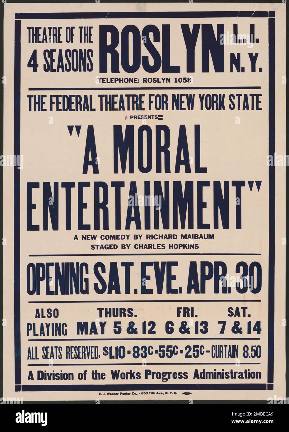 A Moral Entertainment, Roslyn, NY, 1938. Das Federal Theatre Project, das von den USA ins Leben gerufen wurde Works Progress Administration im Jahr 1935 wurde entwickelt, um die Fähigkeiten von Theaterarbeitern zu erhalten und weiterzuentwickeln, sie mit öffentlicher Unterstützung wieder zu beschäftigen und um das Theater Tausenden in den Vereinigten Staaten zu bringen, die noch nie zuvor Live-Theateraufführungen gesehen hatten. Stockfoto