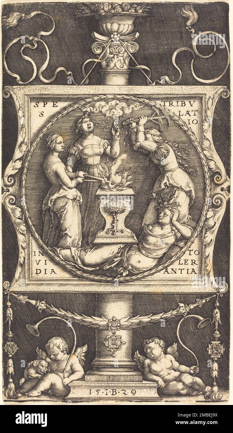 Emblem mit Hoffnung, Tribulation, Neid und Toleranz, 1529. Stockfoto