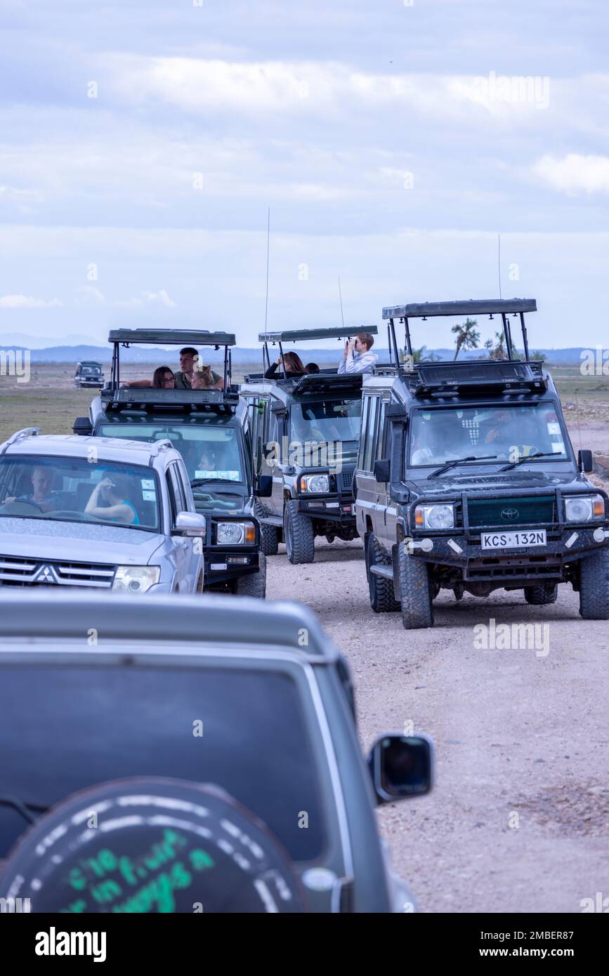 safari-Fahrzeuge, die für die Besichtigung zusammengedrängt wurden, Amboseli-Nationalpark, Kenia, Afrika Stockfoto
