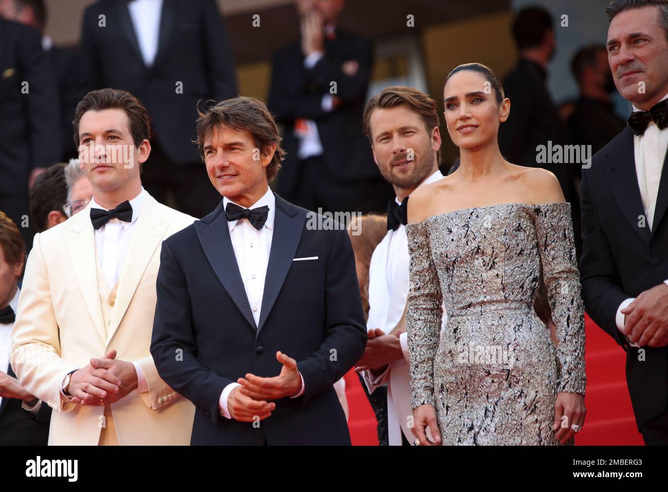 Miles Teller, from left, Tom Cruise, Glen Powell, Jennifer Connelly and(02)