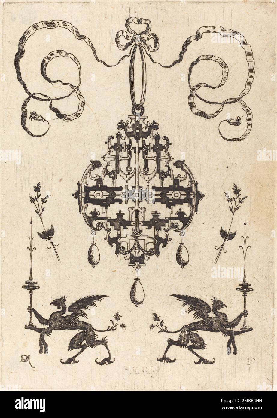 Großes Hängegehäuse, unten links und rechts zwei Griffins Tragen Fantasy Candlesticks, 1596. Stockfoto