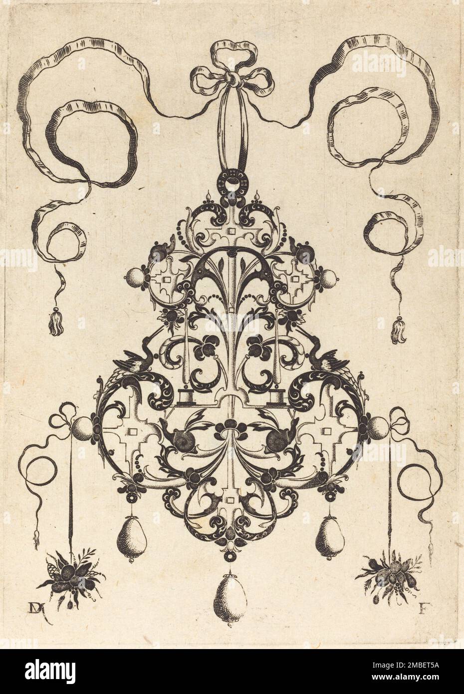 Großes Hängegehäuse, unten links und rechts zwei Stapel Gras und Obst, 1596. Stockfoto