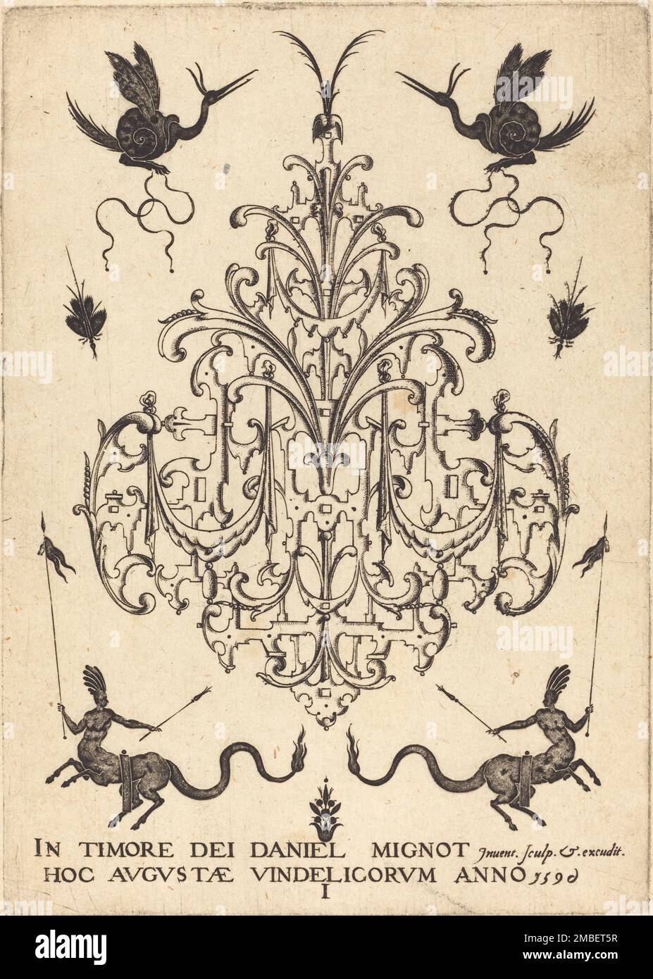 Titelseite: Brosche, schneckenartige Tiere oben, Zentauren mit Bannern unten, 1596. Stockfoto