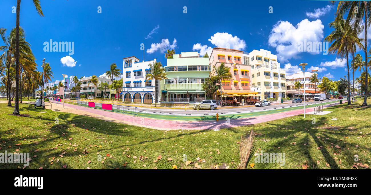 Miami South Beach Ocean Drive Bunte Art déco-Straßenarchitektur, Florida State in den Vereinigten Staaten von Amerika Stockfoto