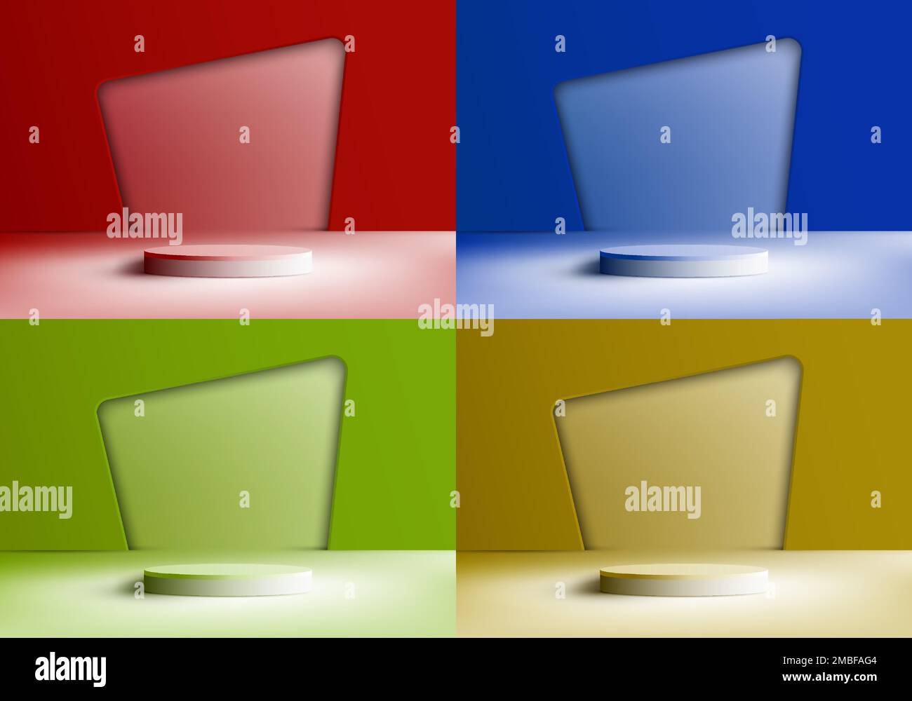 Set mit 3D realistisch-weißen Podium-Standfüßen auf rot, blau, grün und gelb gehaltenem Hintergrund mit natürlichem Licht. Sie können für Produktpräsentationen verwenden Stock Vektor