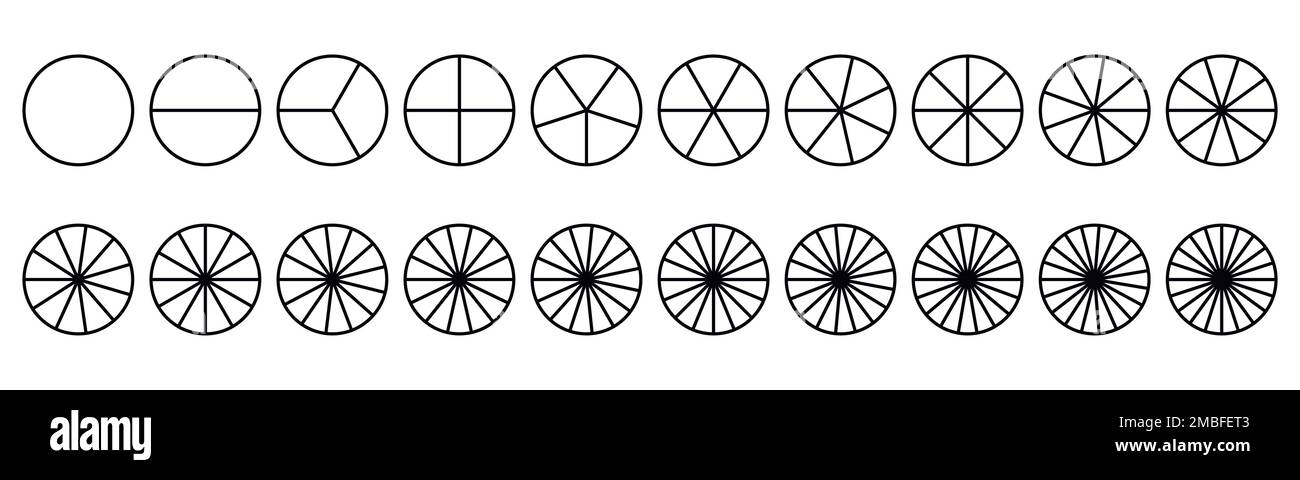 Fraktionskuchen für Mathematik geteilt. Kreis mit Stücken. Segmentsatz. Einfache Geometrie. Vektor-isolierte Darstellung Stock Vektor