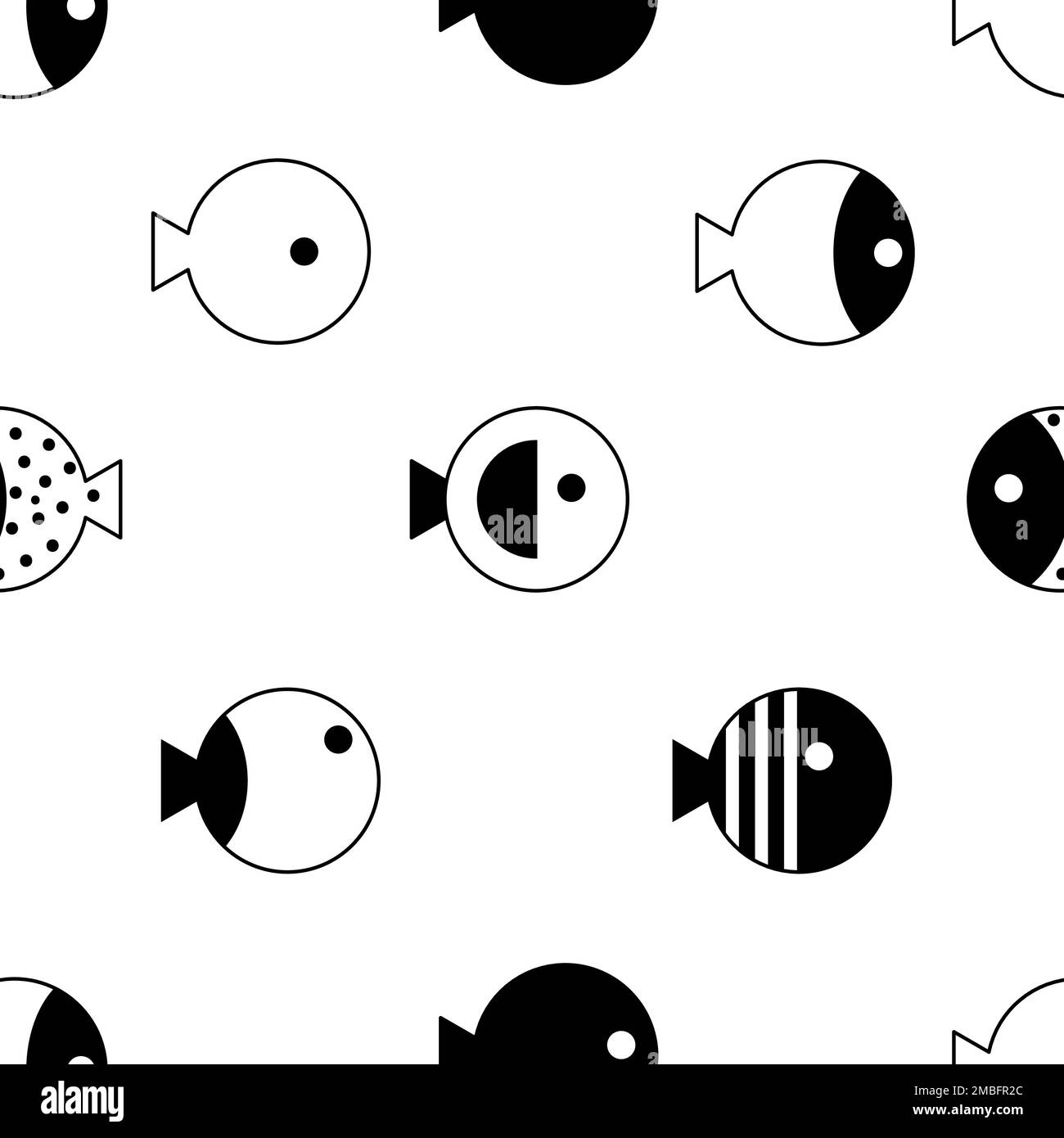 Nahtlose geometrische Muster für Textilien und Stoffe. Fischmuster, Cartoon-Hintergrund mit Meerestieren Stock Vektor