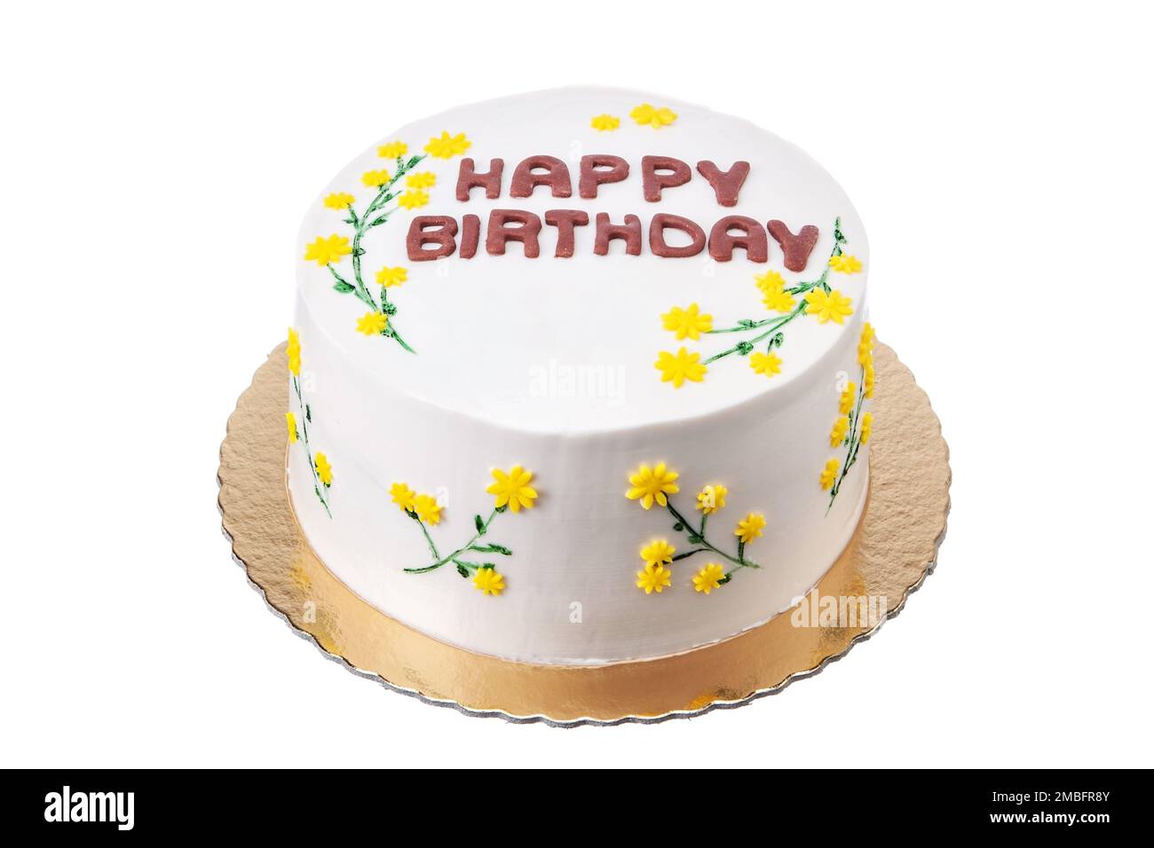 Festlicher hausgemachter dekorativer Kuchen mit Blumen und der Inschrift Alles Gute zum Geburtstag. Stockfoto