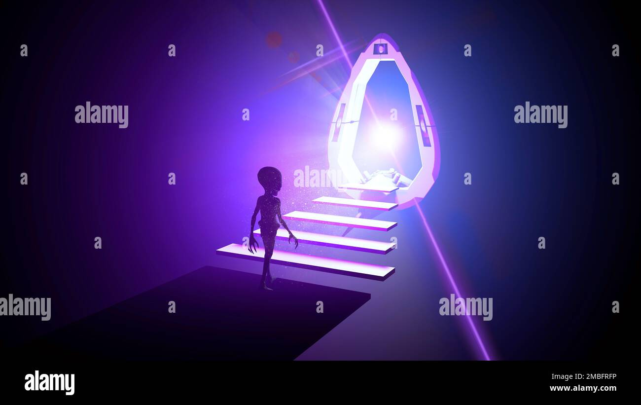 Portal mit anderen Welten, außerirdisches Raumschiff. Tür zu anderen Abmessungen. Kontakte zu außerirdischen Zivilisationen. UFO. Außerirdischer. Marsmensch. Andere Welten Stockfoto