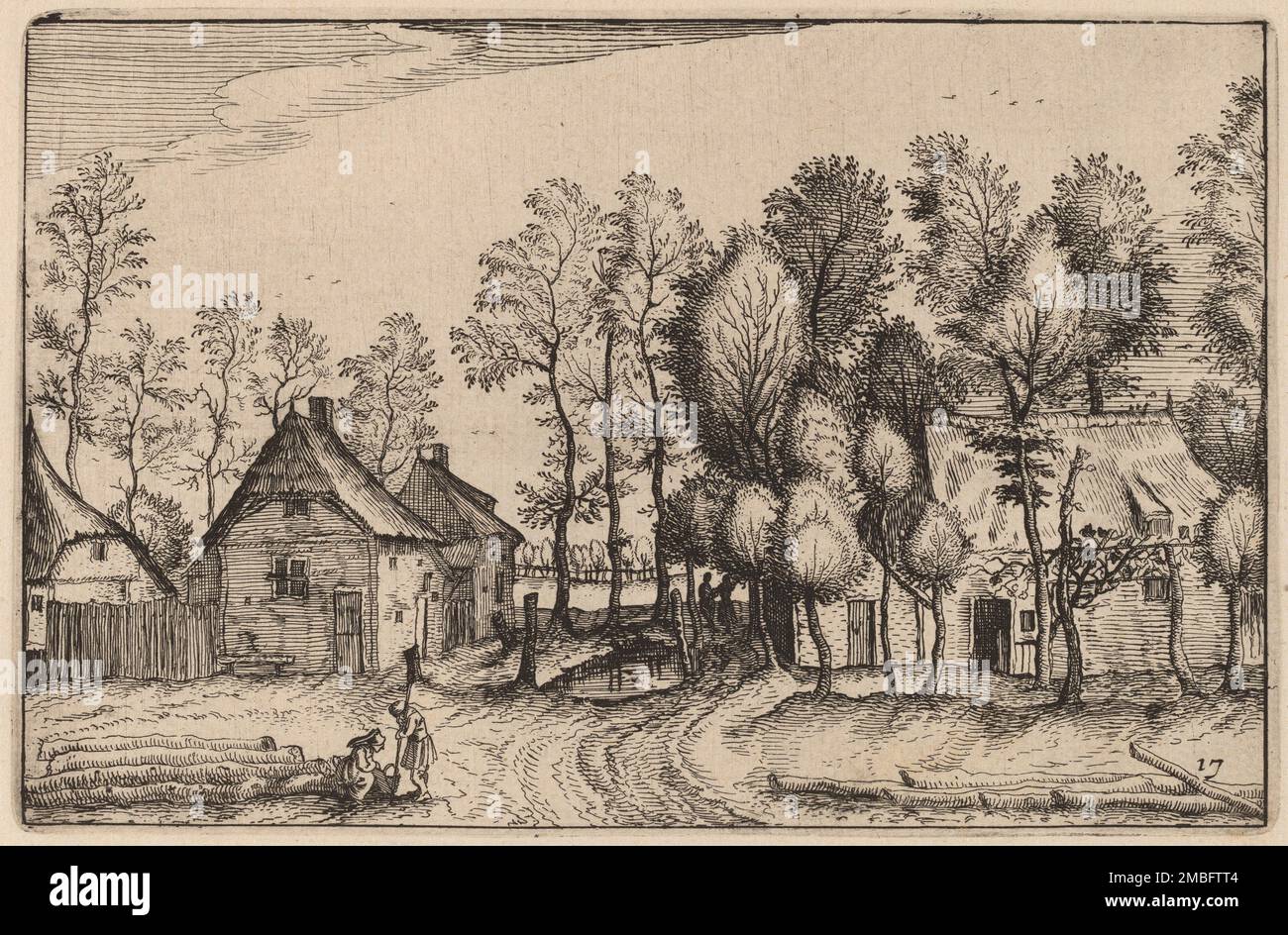 Landschaftsbild mit gehobenen Bäumen, veröffentlicht 1612. Stockfoto